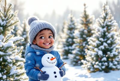 The primary subject of the image is a young boy wearing a blue coat and holding a white snowman. The setting is a snowy environment with pine trees in the background. The visual style is a photo, capturing the boy's joyful expression as he poses with his snowman. The colors and mood of the image are predominantly white and cold, reflecting the winter season and the snowman's appearance.